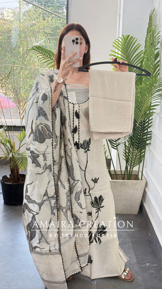 Premium MulChanderi Beige Black Colour Unstitched With Beautiful Dupatta