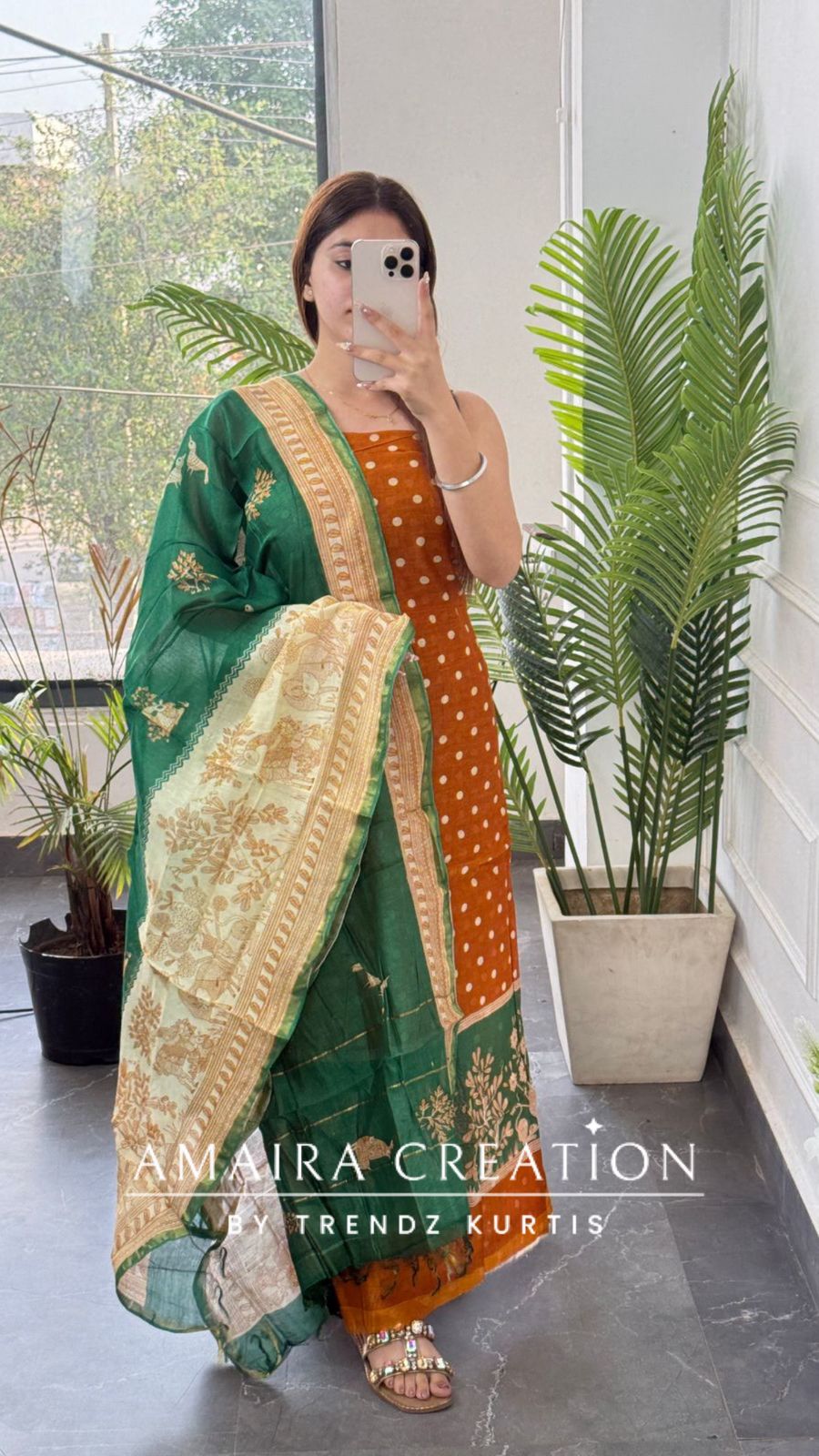 Premium Cotton Mustard Green Colour Polka Dot Pattern Unstitched Suit