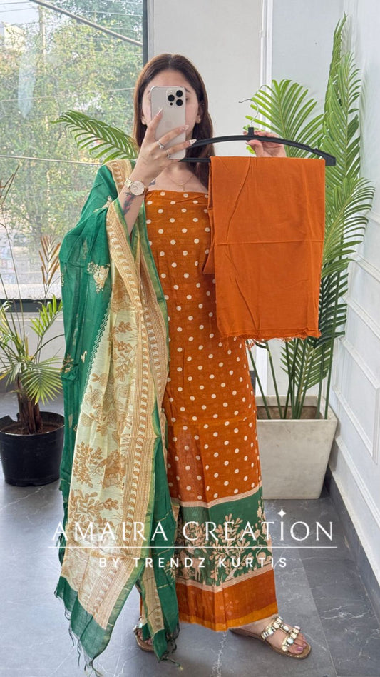 Premium Cotton Mustard Green Colour Polka Dot Pattern Unstitched Suit