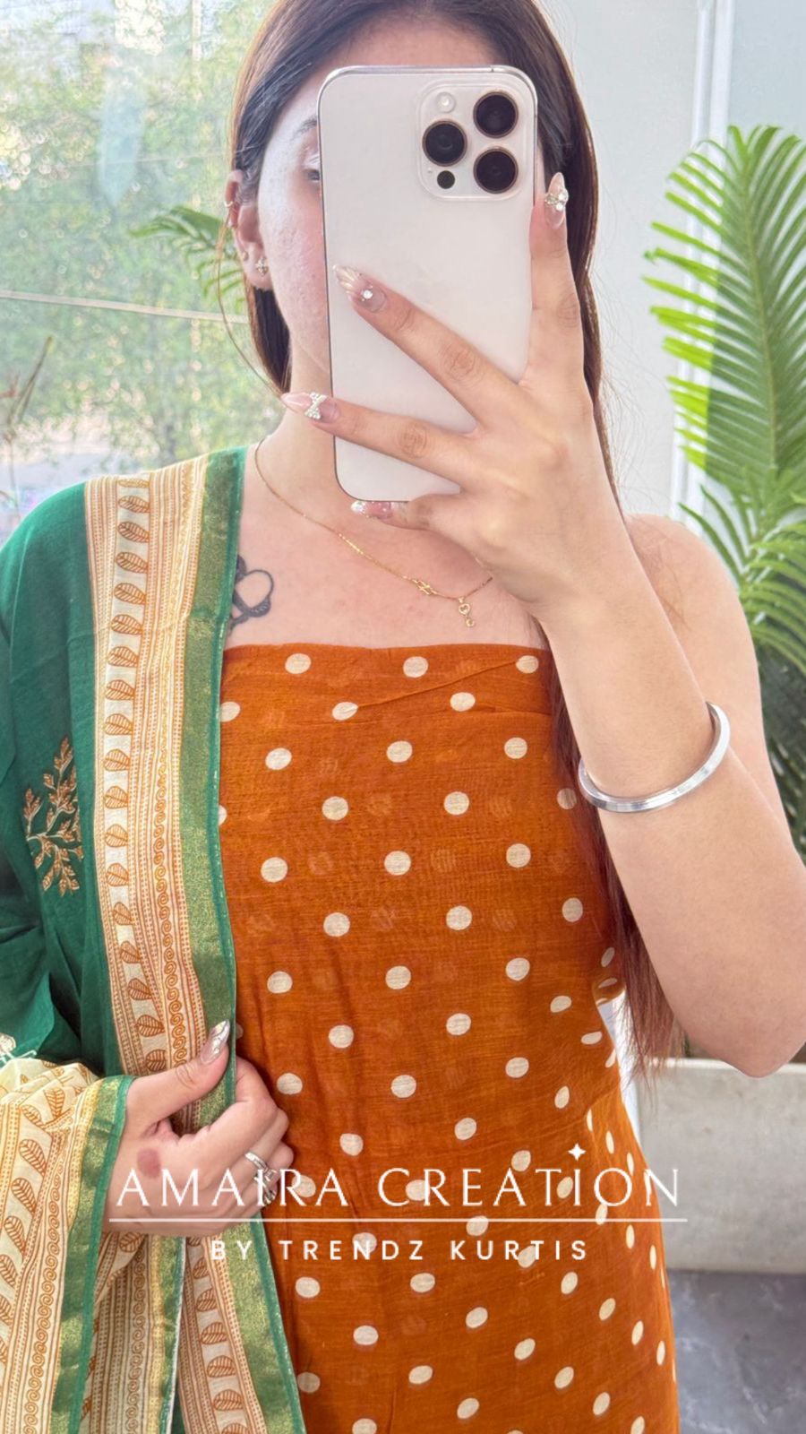 Premium Cotton Mustard Green Colour Polka Dot Pattern Unstitched Suit