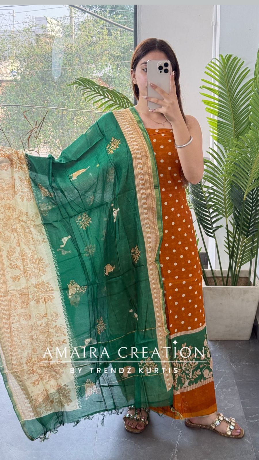 Premium Cotton Mustard Green Colour Polka Dot Pattern Unstitched Suit
