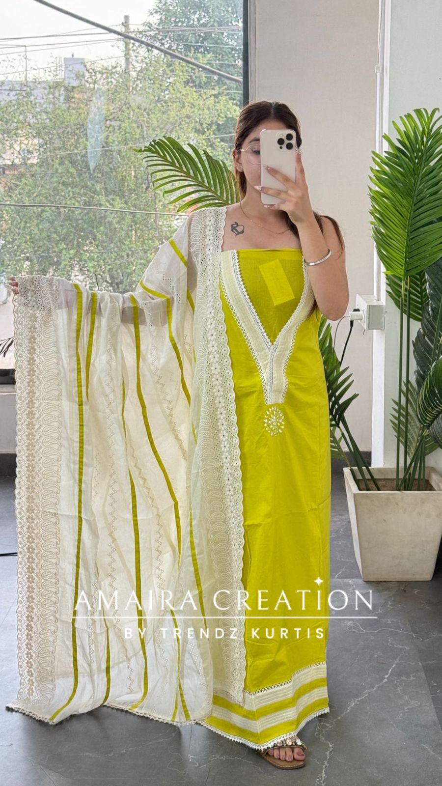 Premium Cotton Neon Green Unstitched Suit With Chikankari Cut Work Dupatta
