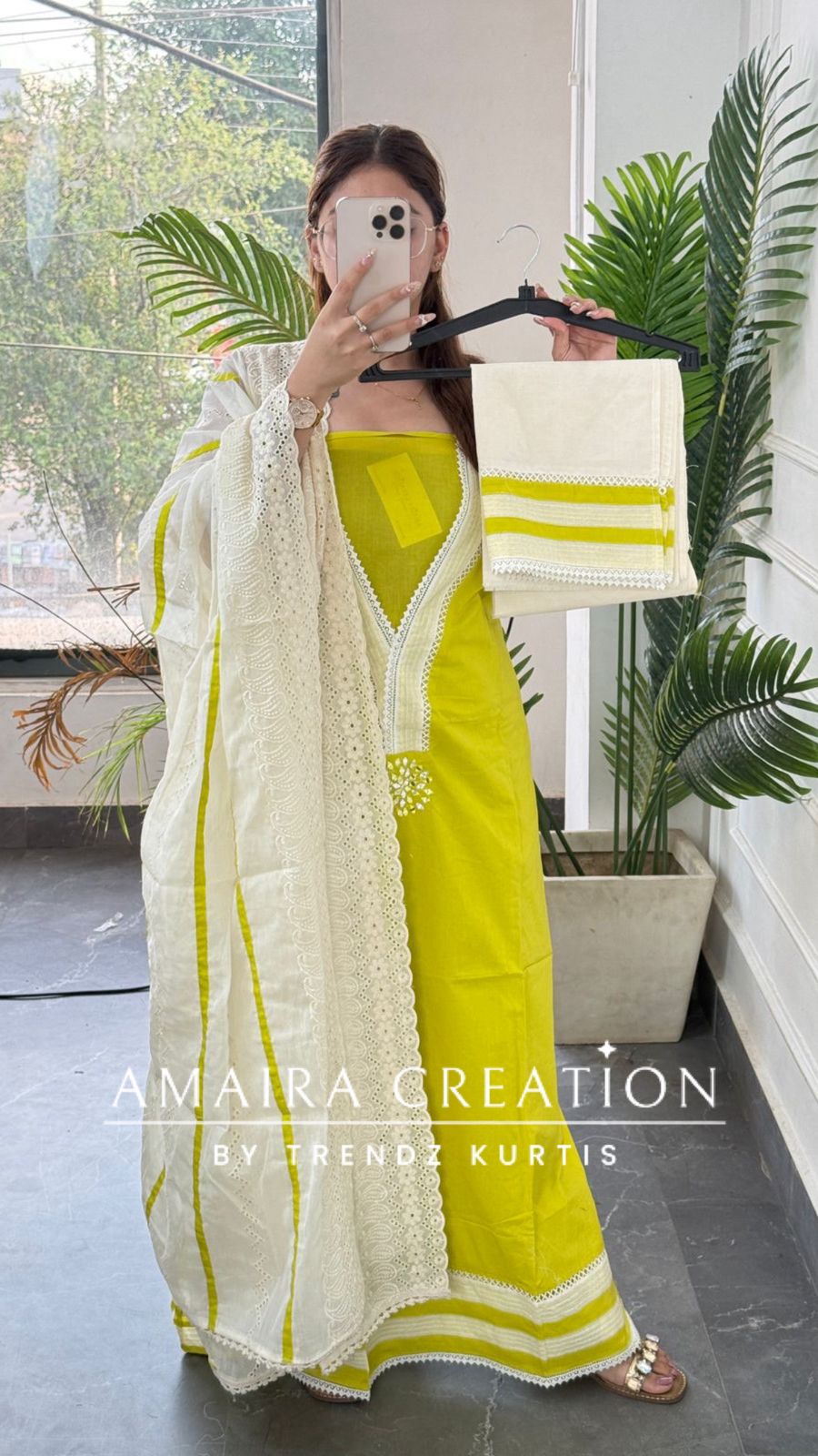 Premium Cotton Neon Green Unstitched Suit With Chikankari Cut Work Dupatta