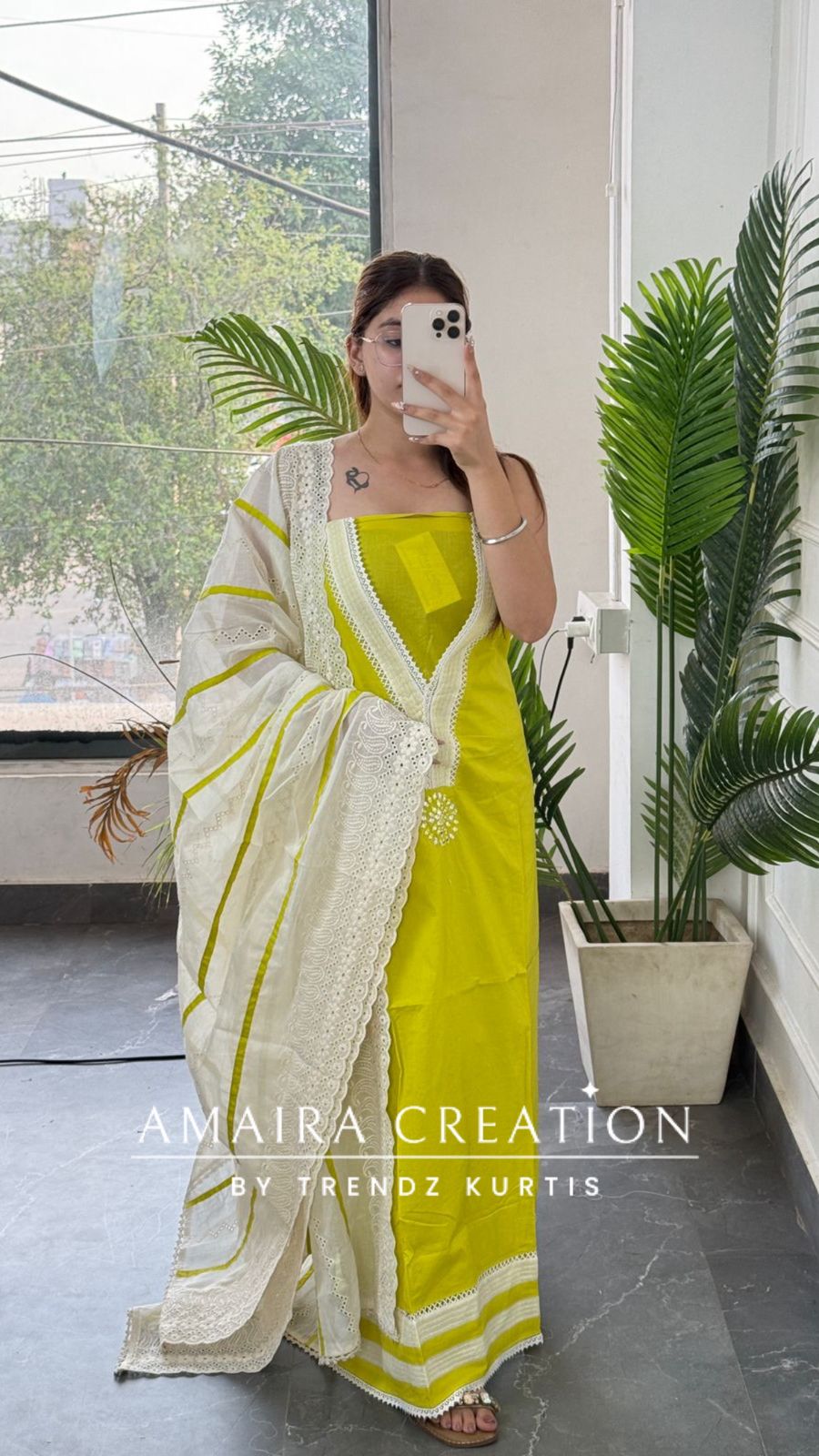 Premium Cotton Neon Green Unstitched Suit With Chikankari Cut Work Dupatta