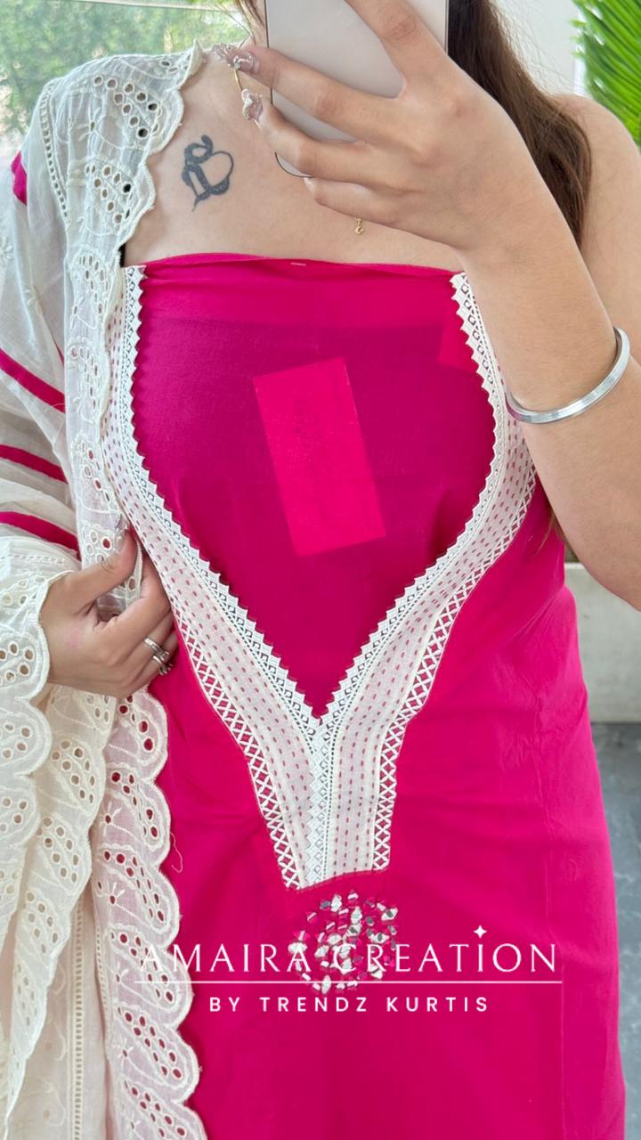 Premium Cotton Hot Pink Unstitched Suit With Chikankari Cut Work Dupatta