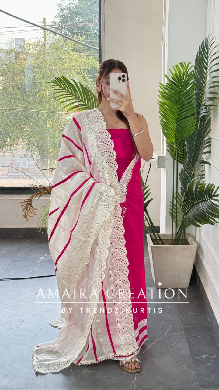 Premium Cotton Hot Pink Unstitched Suit With Chikankari Cut Work Dupatta