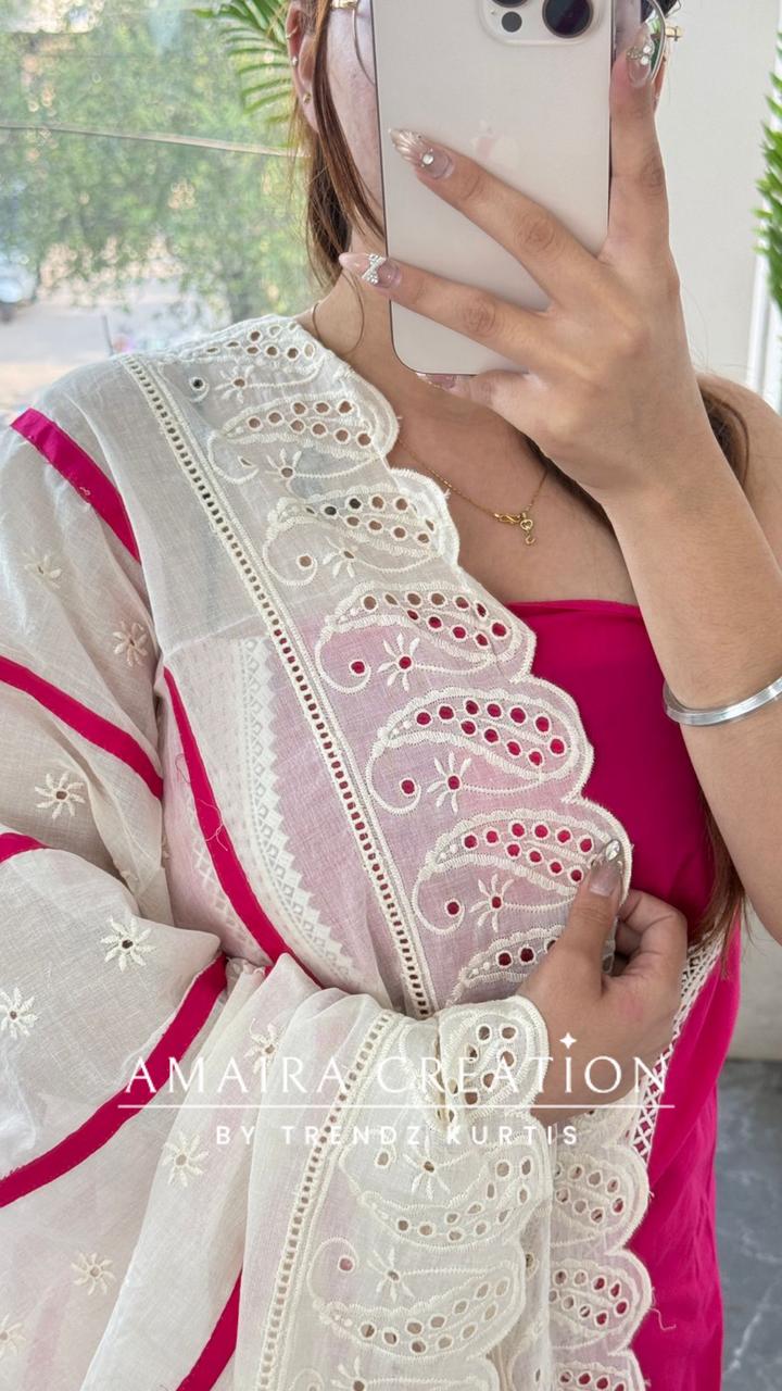 Premium Cotton Hot Pink Unstitched Suit With Chikankari Cut Work Dupatta