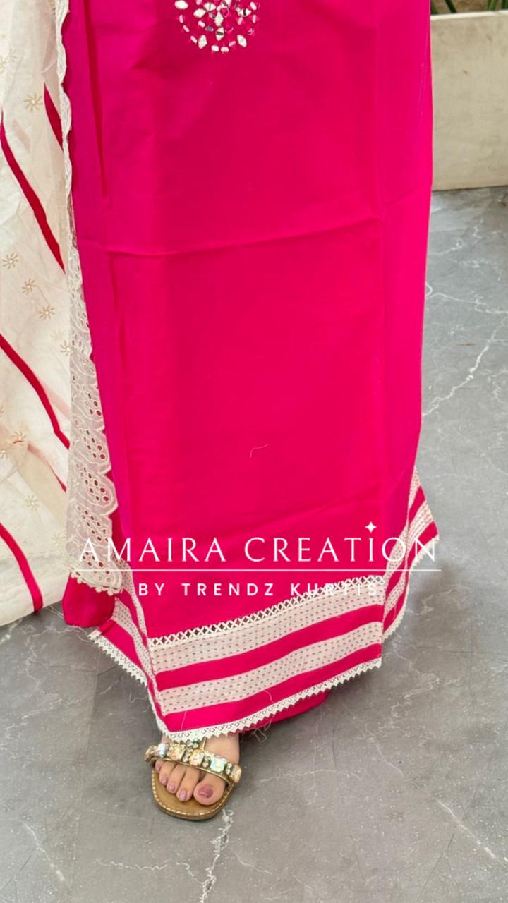 Premium Cotton Hot Pink Unstitched Suit With Chikankari Cut Work Dupatta