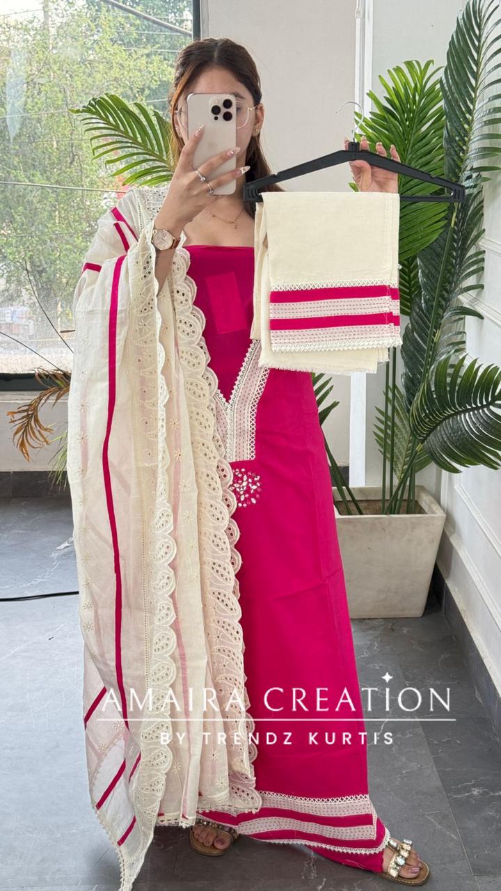 Premium Cotton Hot Pink Unstitched Suit With Chikankari Cut Work Dupatta