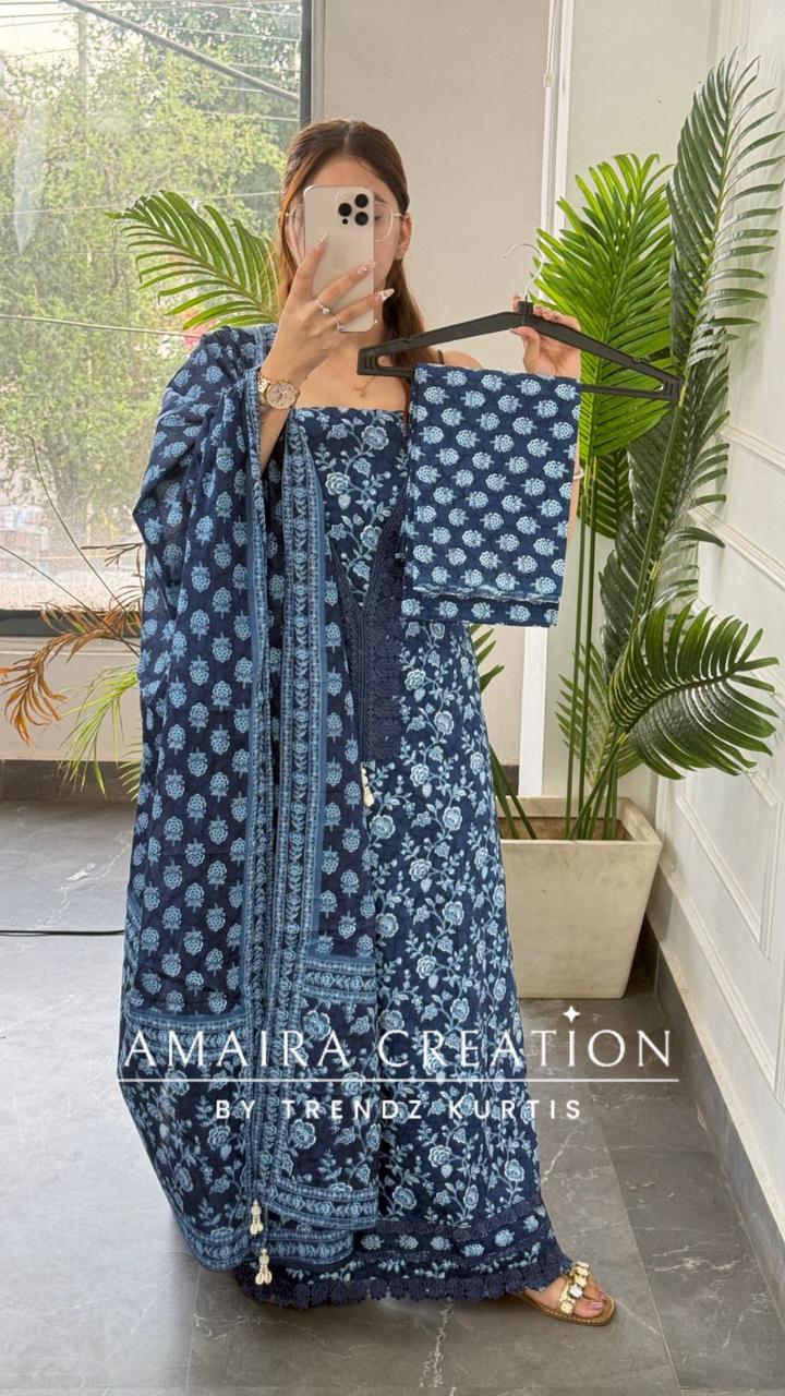 Premium Corton Navy Blue Colour Lace Deatiling Unstitched Suit
