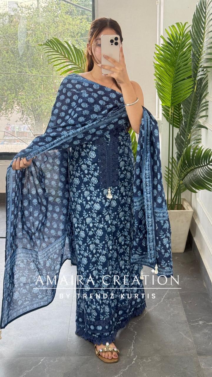 Premium Corton Navy Blue Colour Lace Deatiling Unstitched Suit