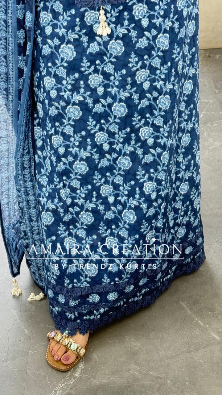 Premium Corton Navy Blue Colour Lace Deatiling Unstitched Suit