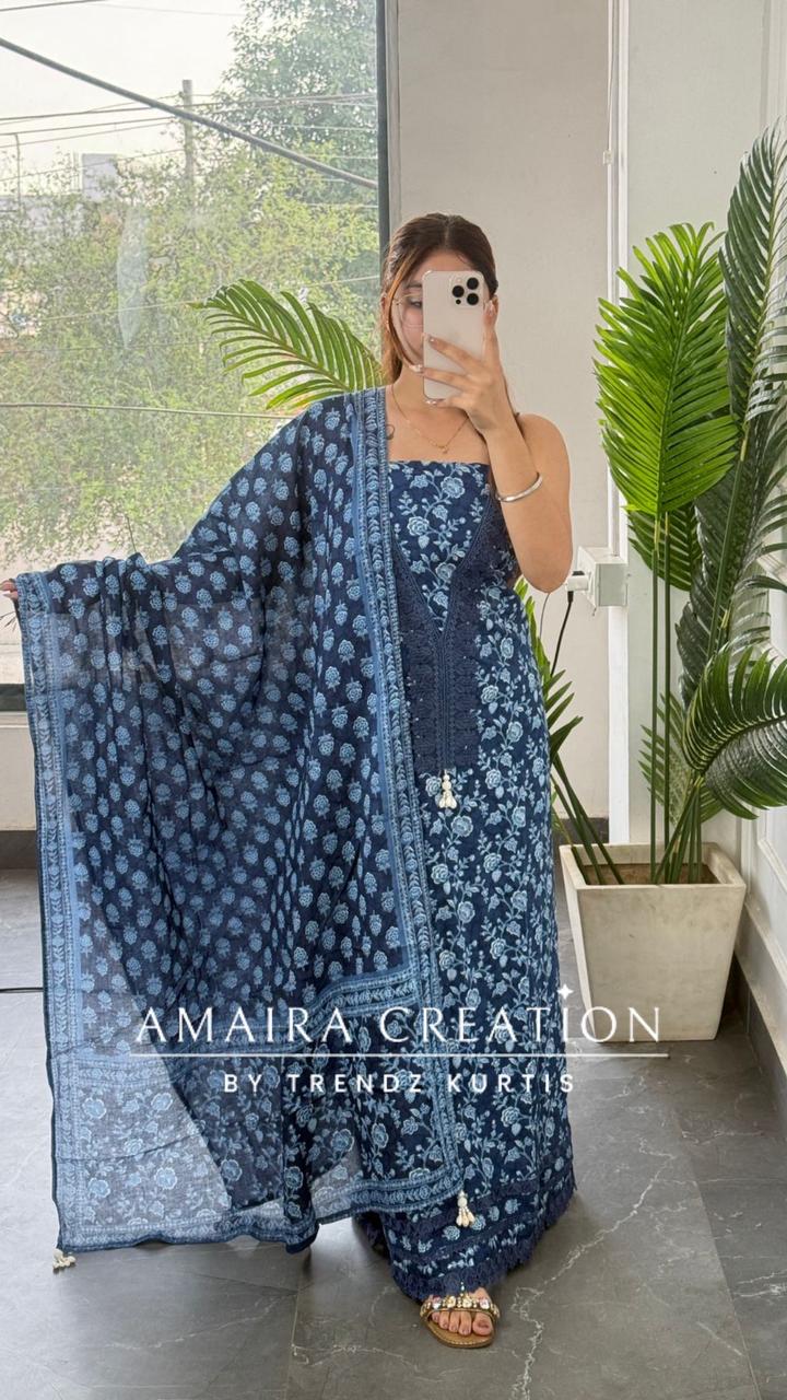 Premium Corton Navy Blue Colour Lace Deatiling Unstitched Suit
