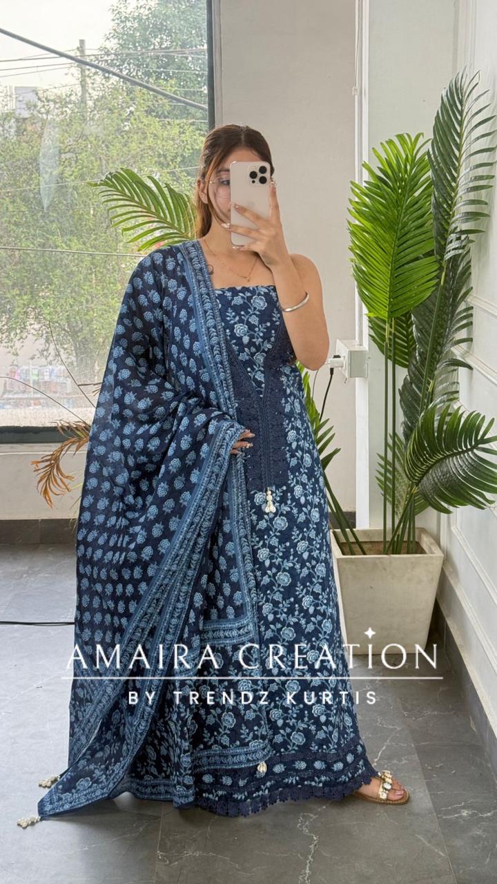 Premium Corton Navy Blue Colour Lace Deatiling Unstitched Suit