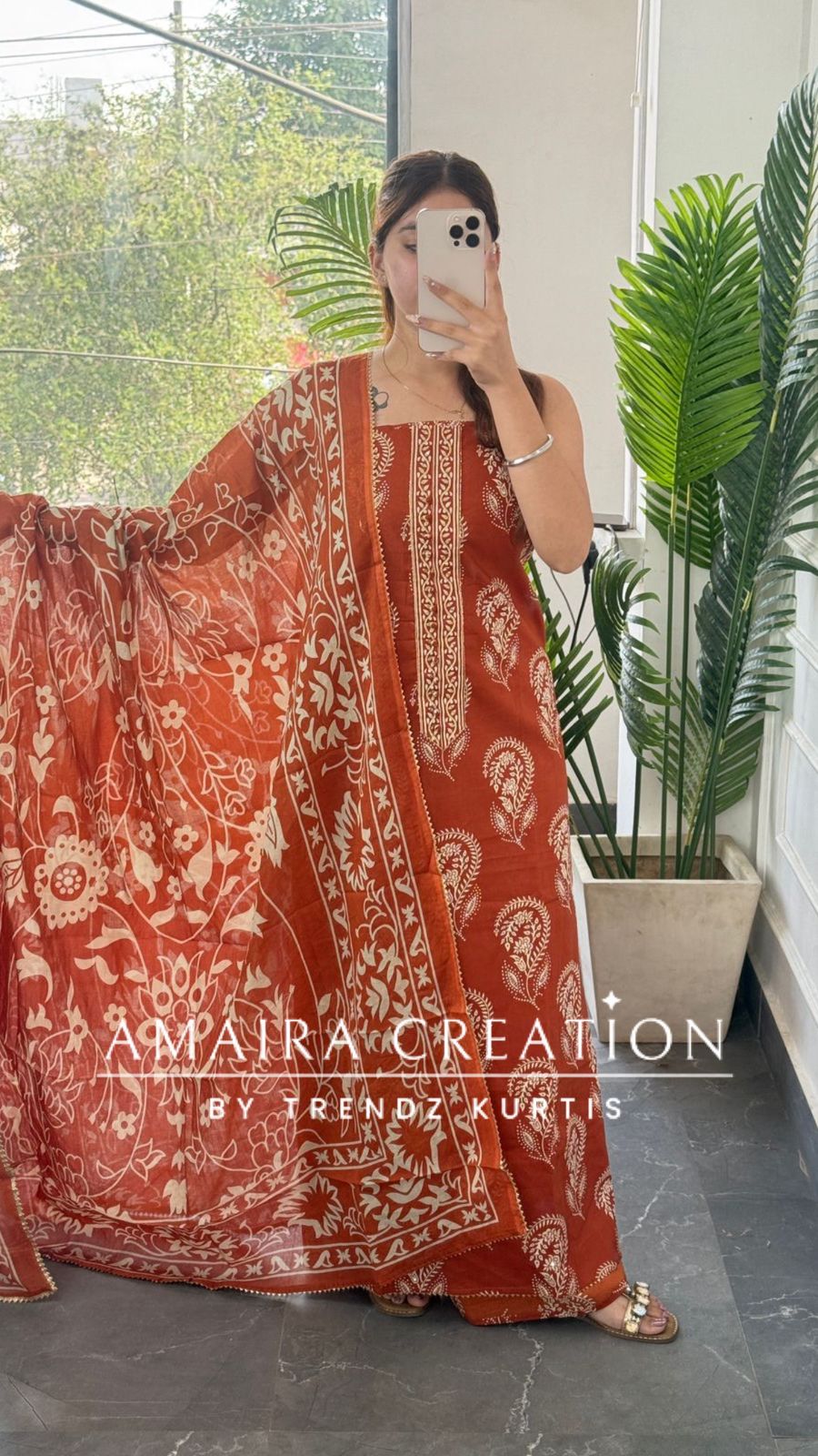 Premium Cotton Rust Colour Block Print Unstitched Suit
