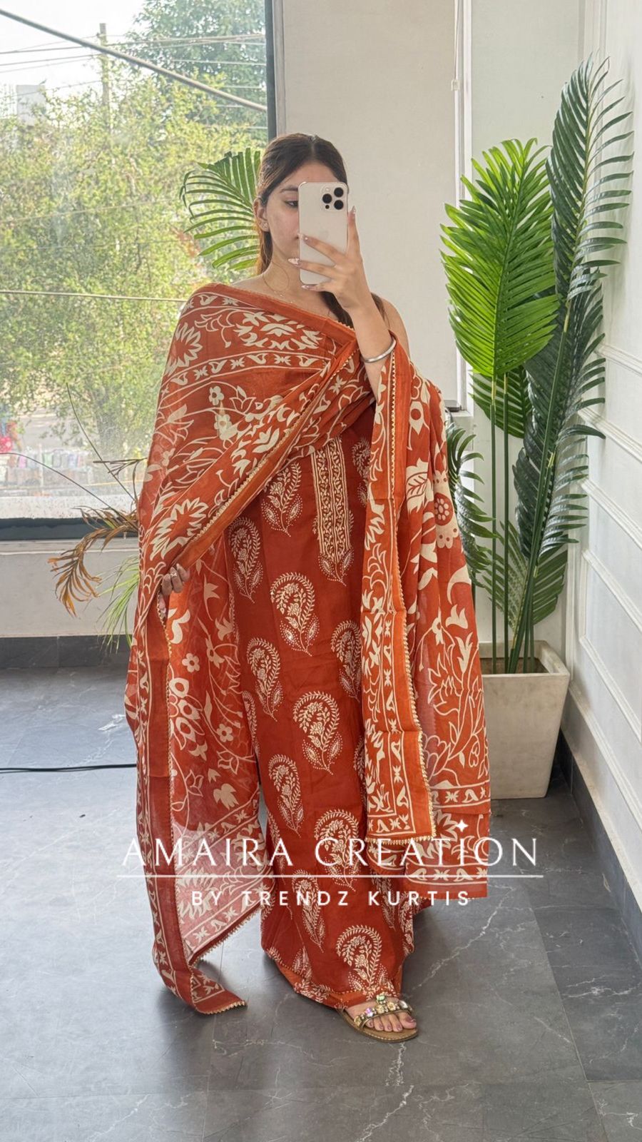 Premium Cotton Rust Colour Block Print Unstitched Suit