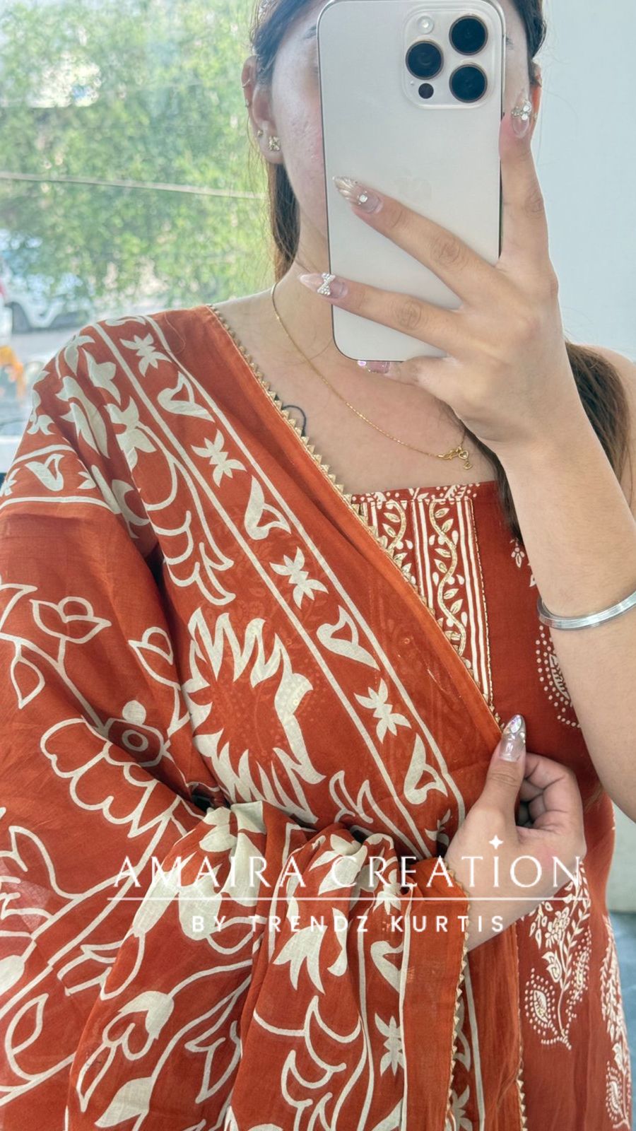 Premium Cotton Rust Colour Block Print Unstitched Suit