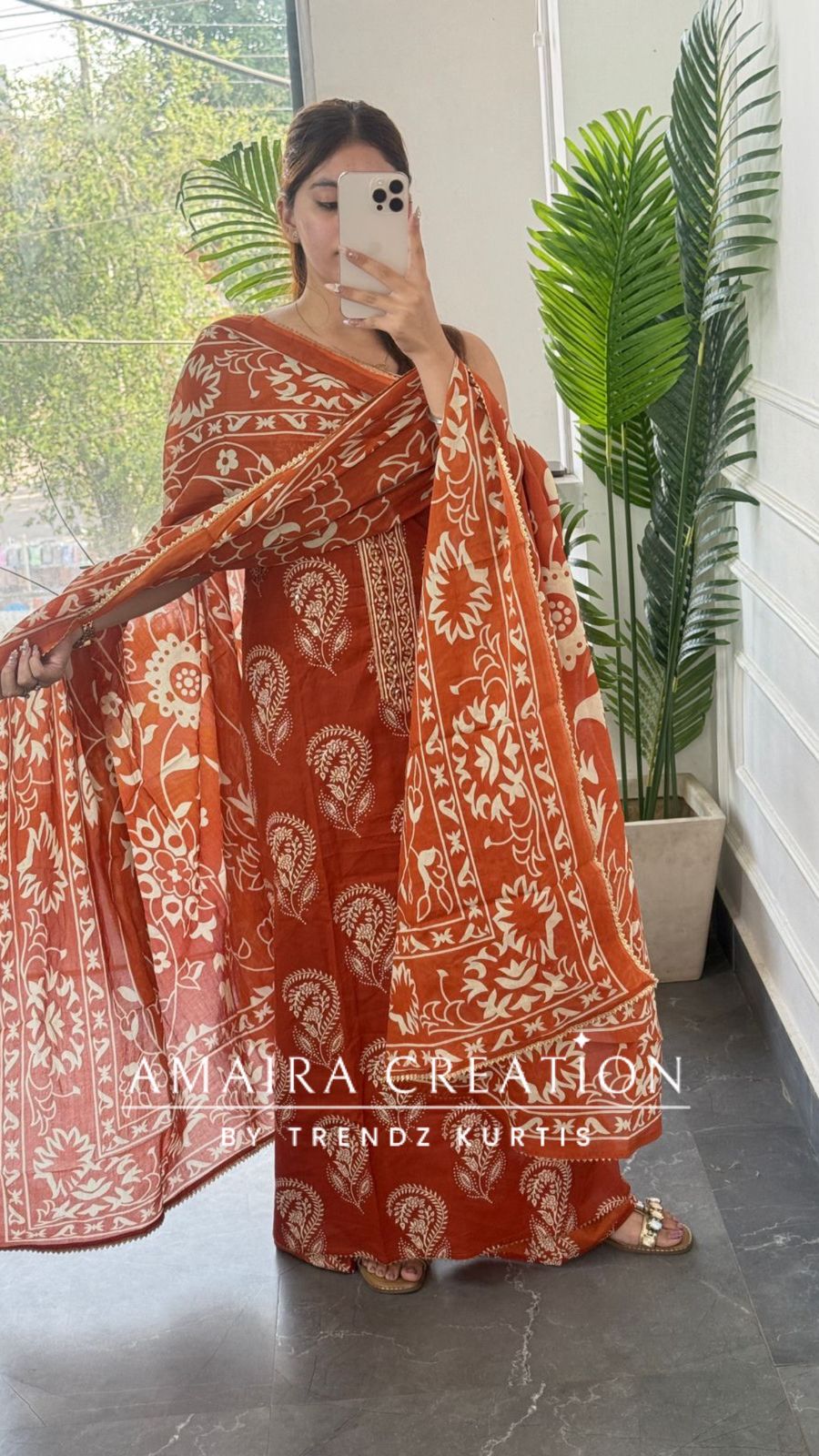 Premium Cotton Rust Colour Block Print Unstitched Suit
