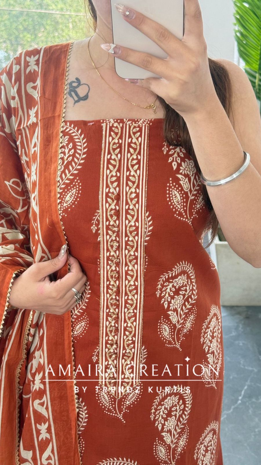 Premium Cotton Rust Colour Block Print Unstitched Suit