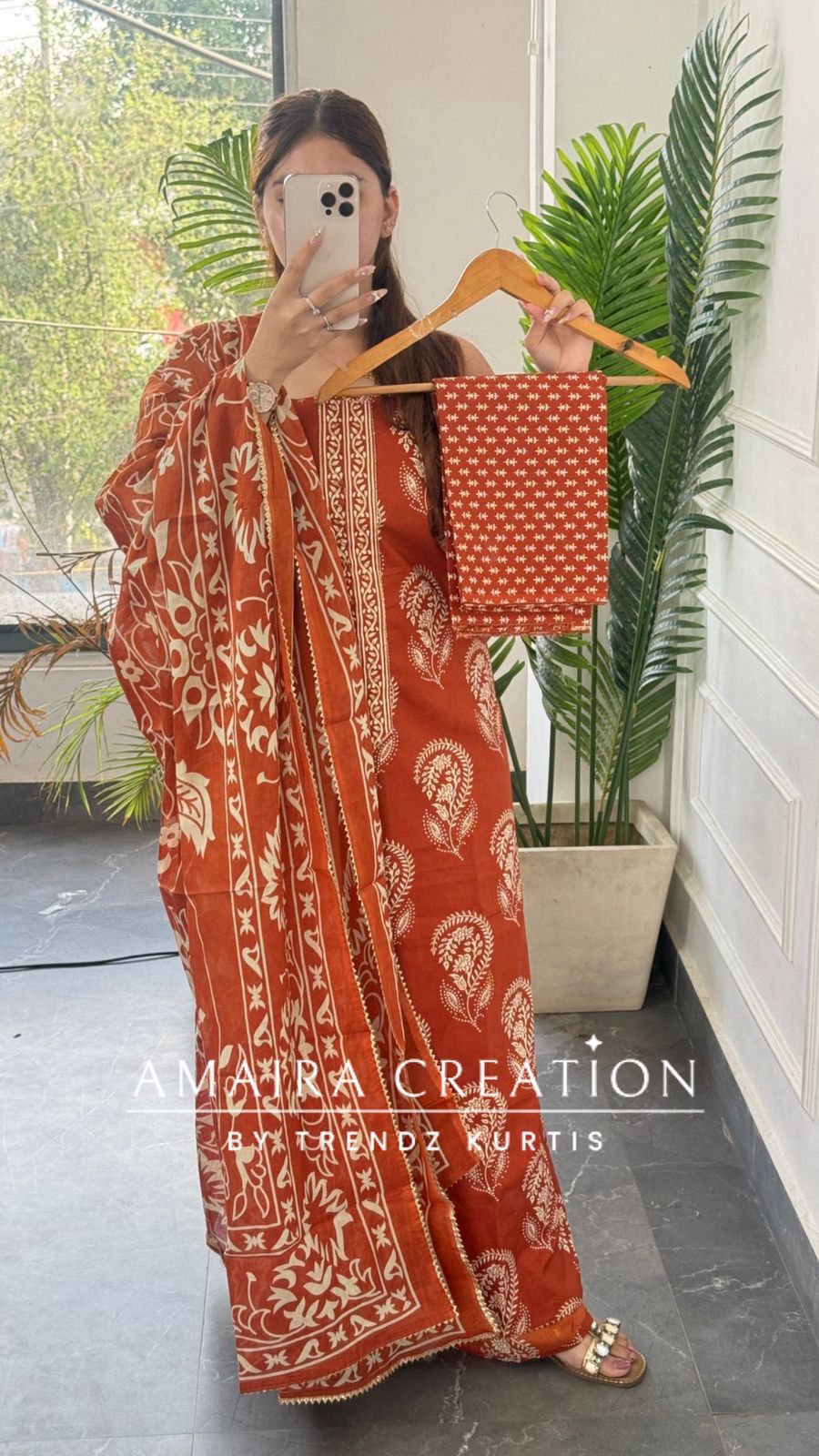 Premium Cotton Rust Colour Block Print Unstitched Suit