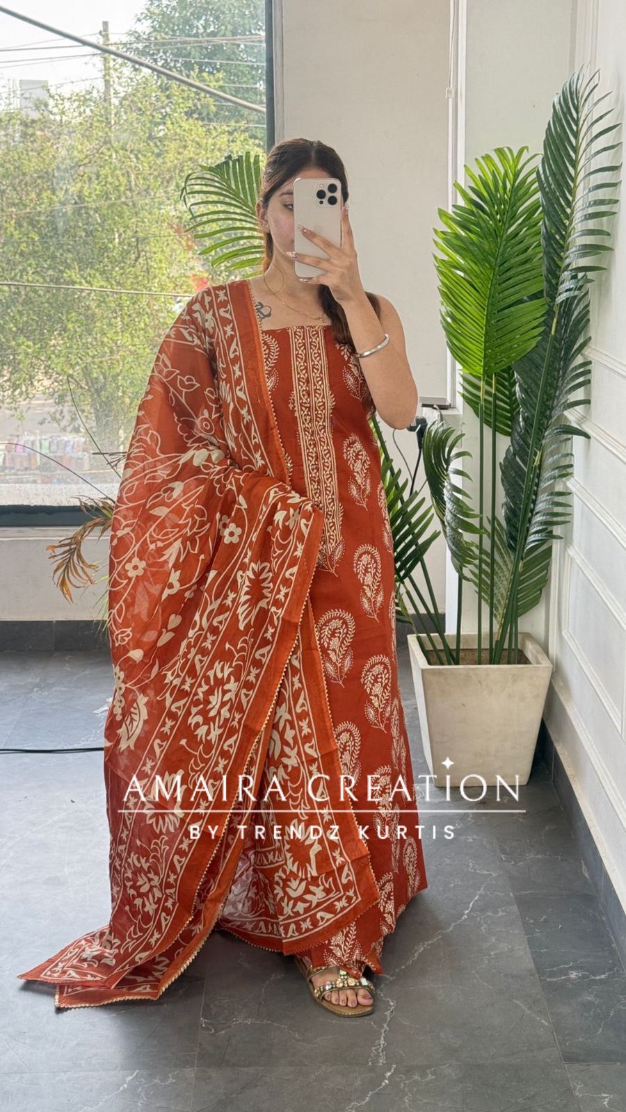 Premium Cotton Rust Colour Block Print Unstitched Suit