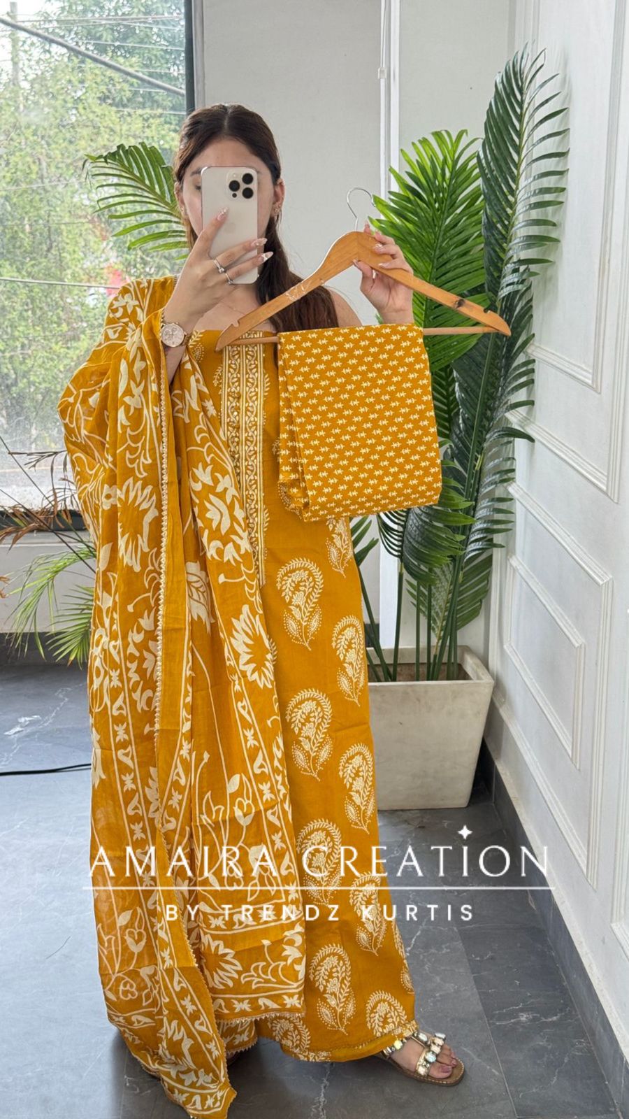 Premium Cotton Mustard Colour Block Print Unstitched Suit