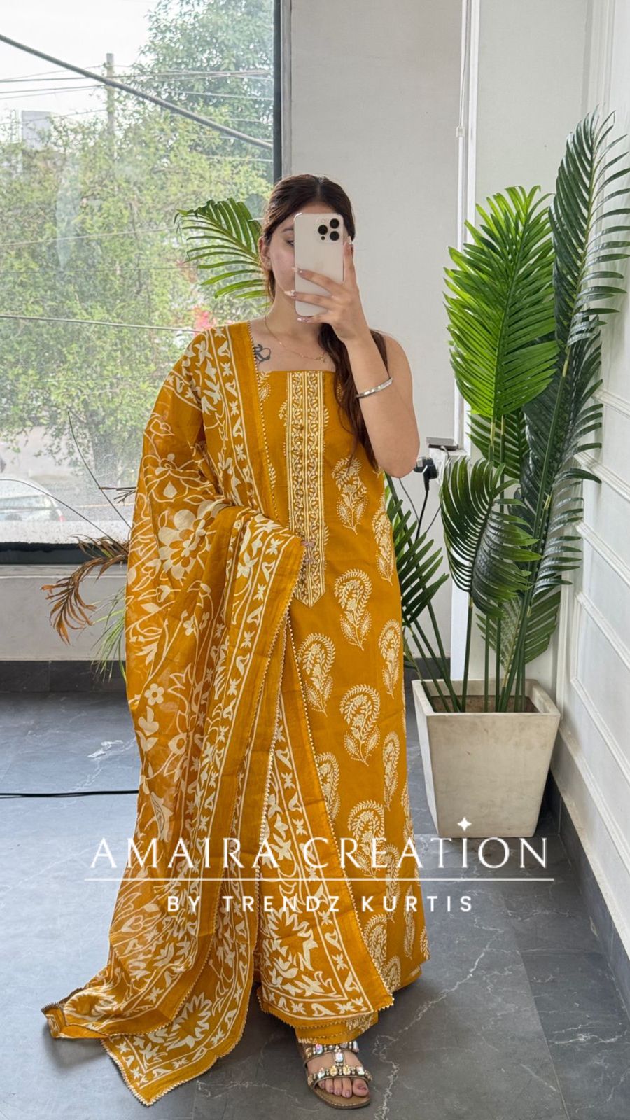 Premium Cotton Mustard Colour Block Print Unstitched Suit