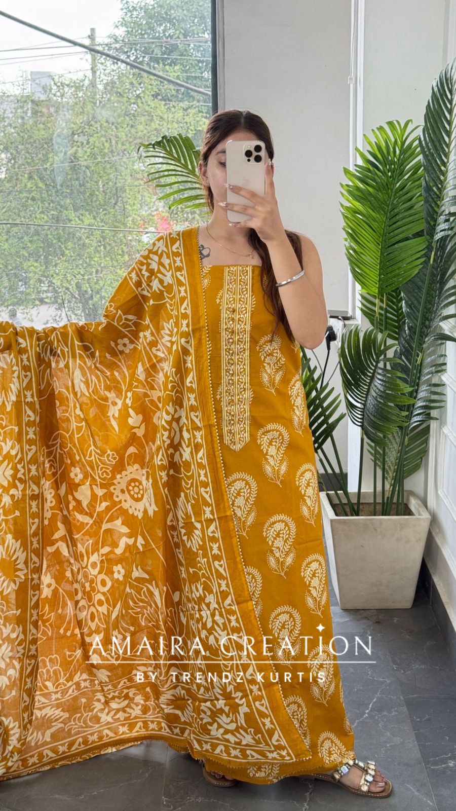 Premium Cotton Mustard Colour Block Print Unstitched Suit