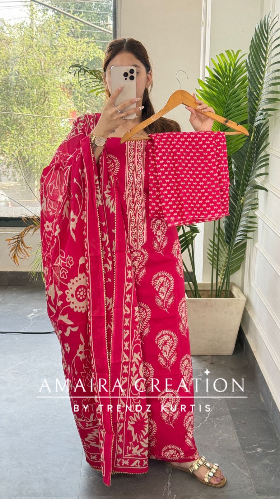 Premium Cotton Dark Pink Colour Block Print Unstitched Suit