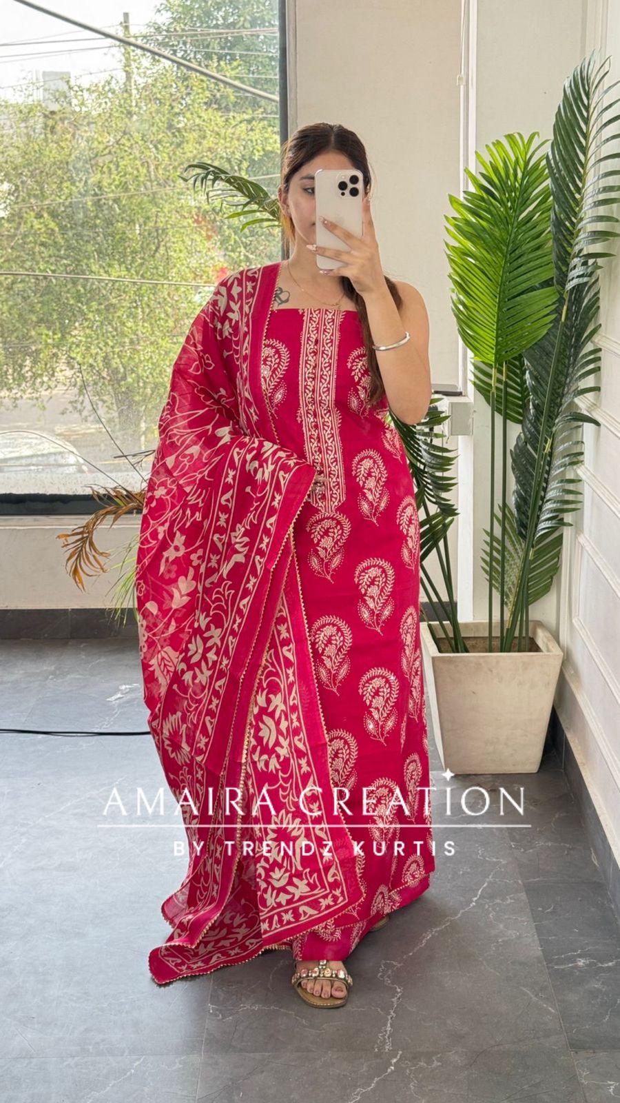 Premium Cotton Dark Pink Colour Block Print Unstitched Suit