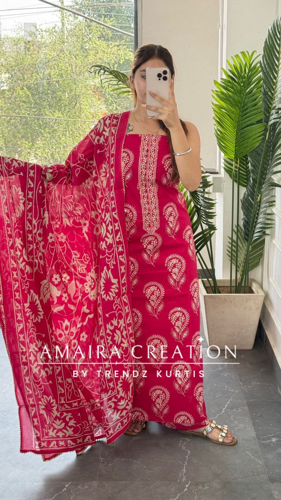 Premium Cotton Dark Pink Colour Block Print Unstitched Suit
