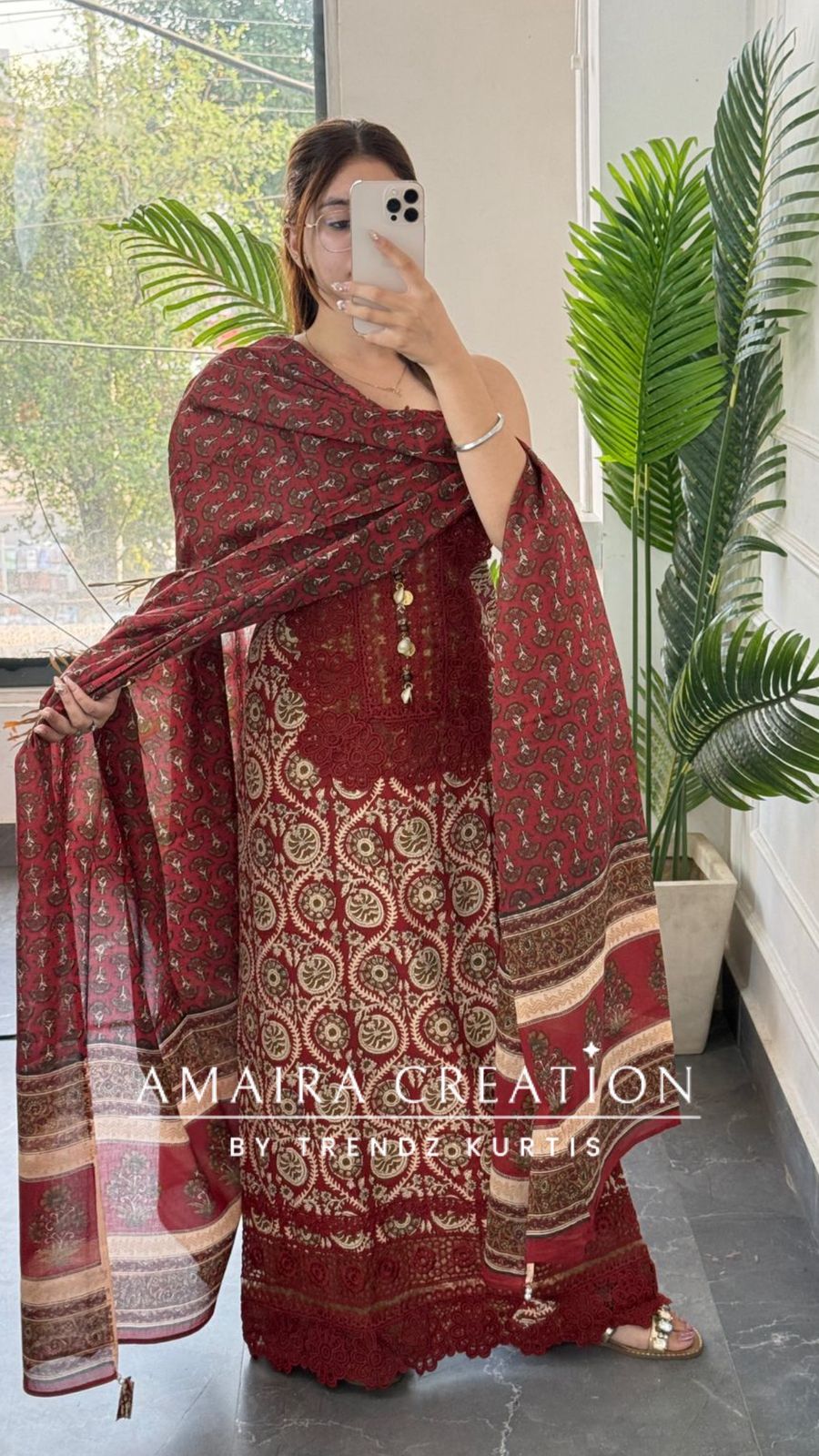 Premium Cotton Maroon Colour Unstitched Suit With Lace Detailing