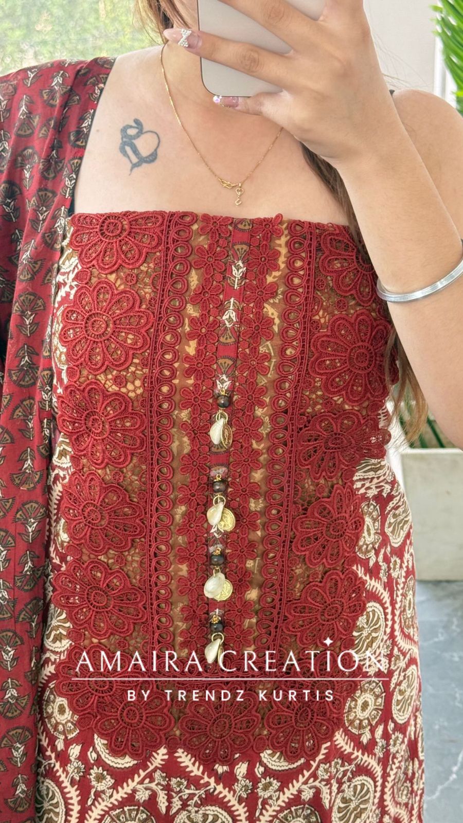 Premium Cotton Maroon Colour Unstitched Suit With Lace Detailing