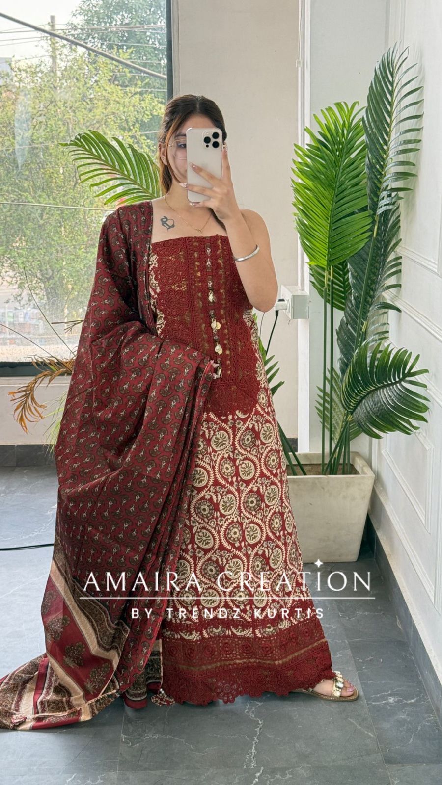 Premium Cotton Maroon Colour Unstitched Suit With Lace Detailing