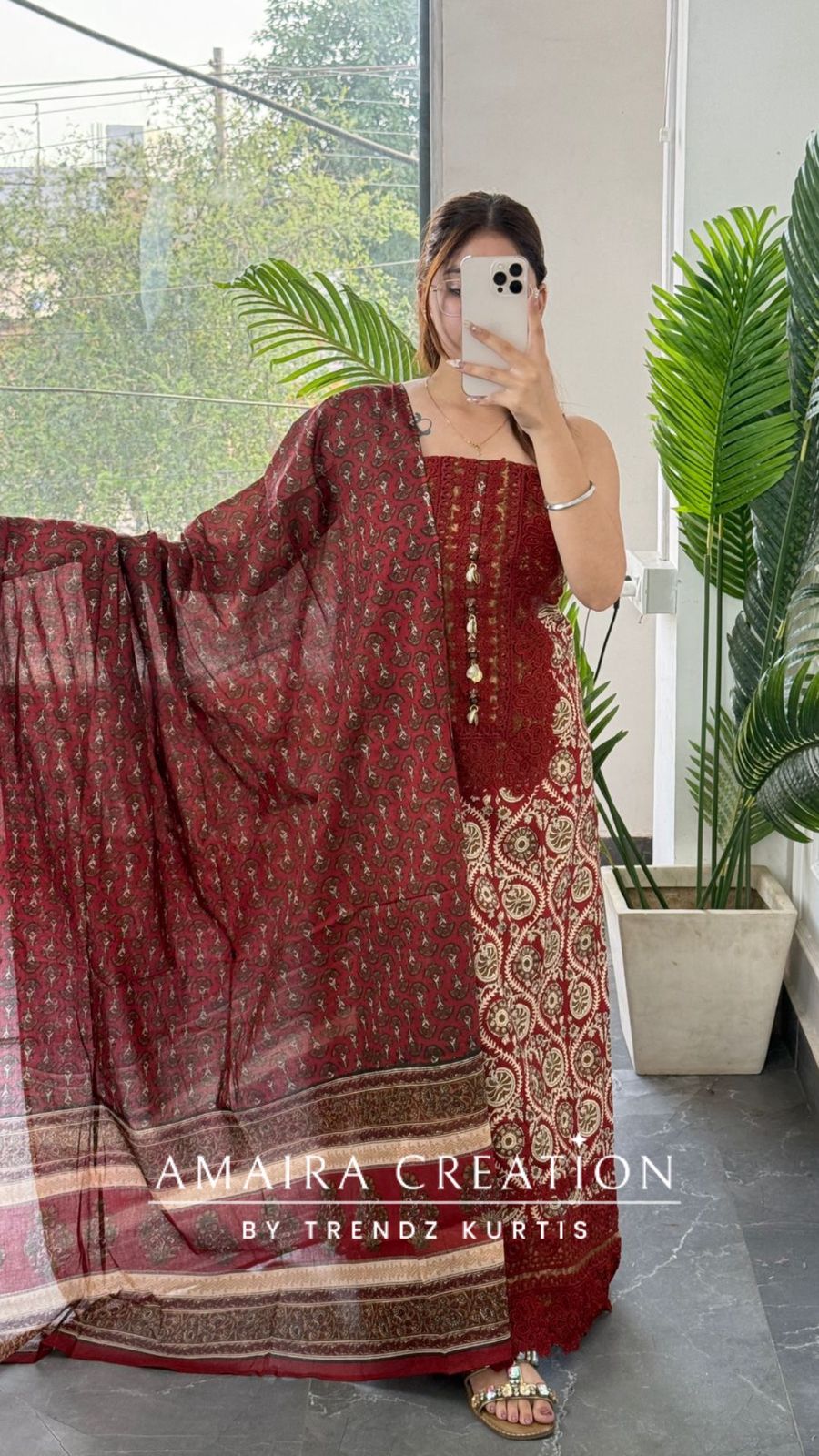 Premium Cotton Maroon Colour Unstitched Suit With Lace Detailing