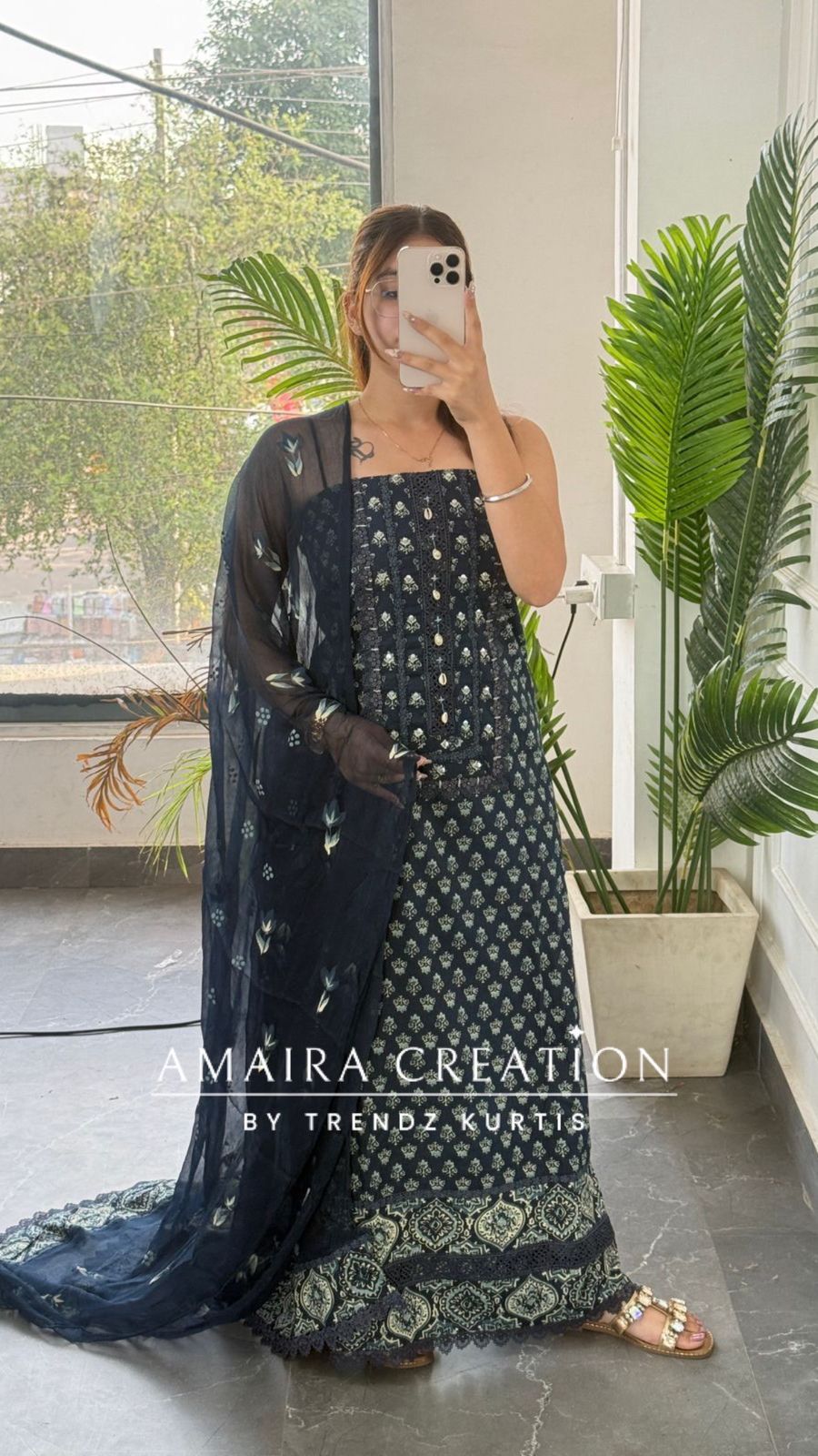 Premium Cotton Navy Blue Colour Lace Detailng Unstitch Suit With Chiffon Dupatta