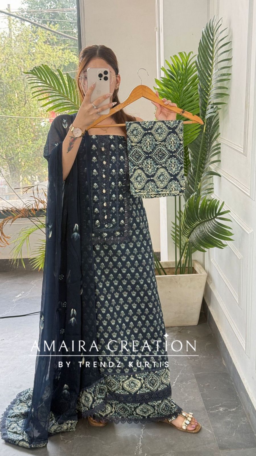 Premium Cotton Navy Blue Colour Lace Detailng Unstitch Suit With Chiffon Dupatta