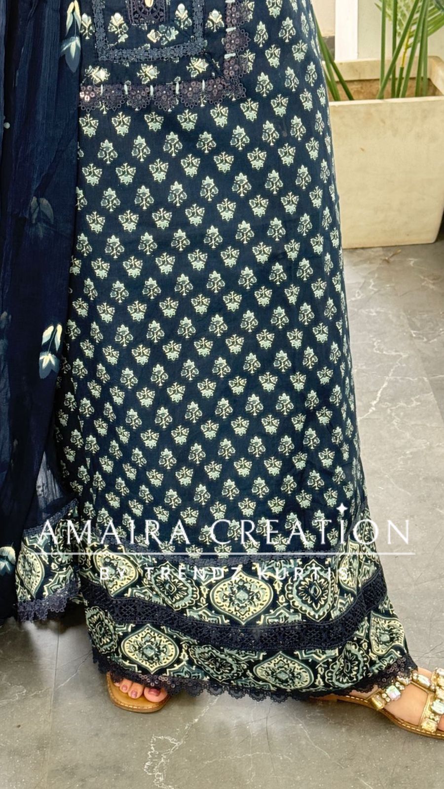 Premium Cotton Navy Blue Colour Lace Detailng Unstitch Suit With Chiffon Dupatta