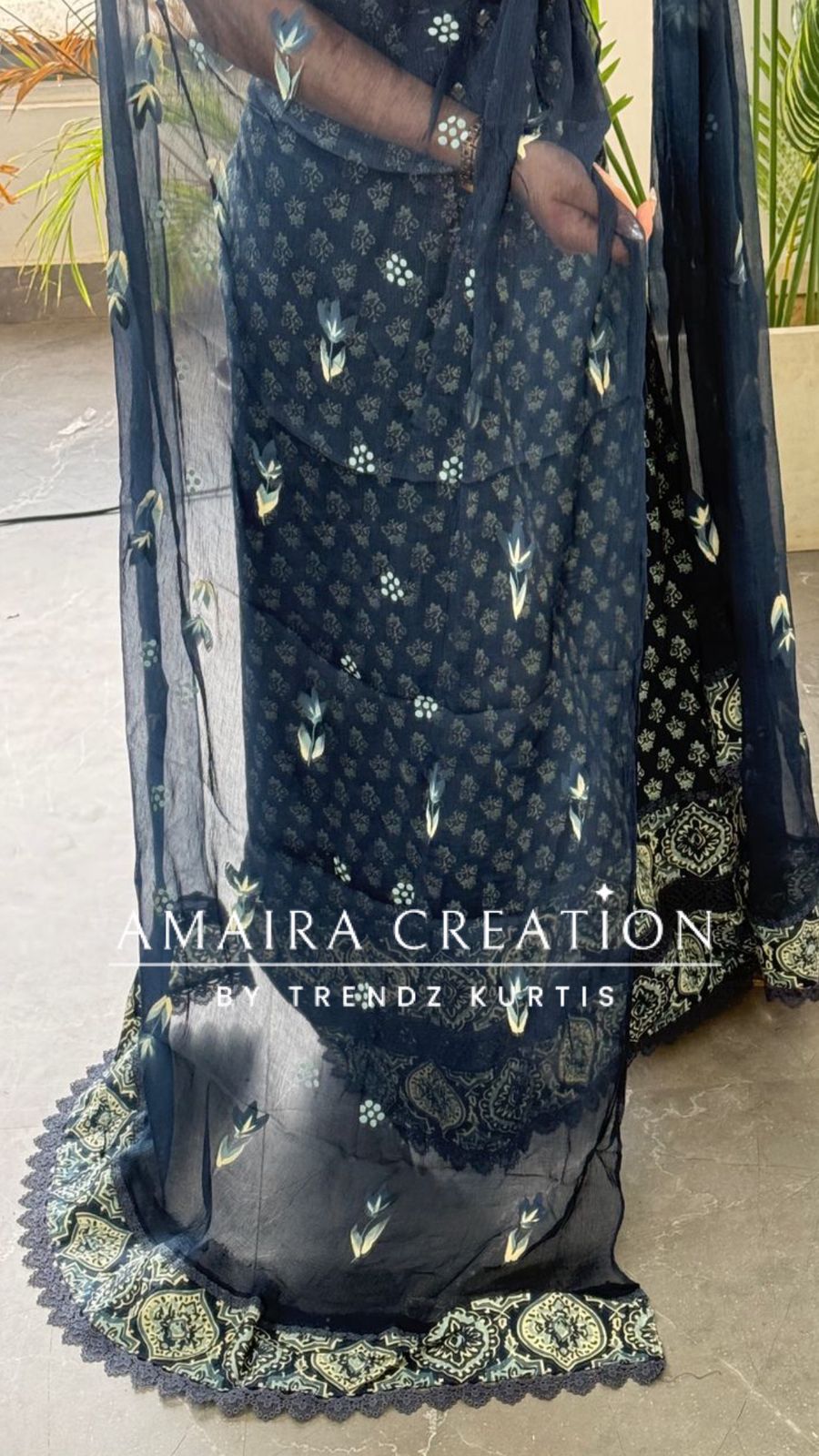 Premium Cotton Navy Blue Colour Lace Detailng Unstitch Suit With Chiffon Dupatta