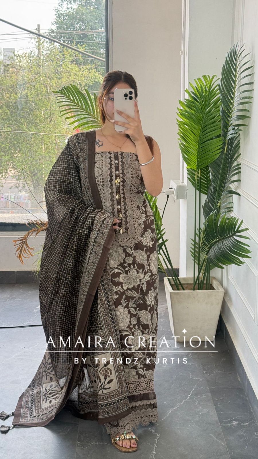 Premium Cotton Brown Colour Unstitched Suit With Lace Deatilng