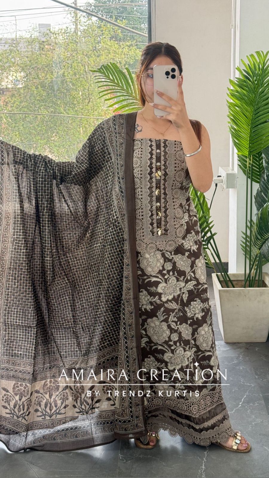Premium Cotton Brown Colour Unstitched Suit With Lace Deatilng