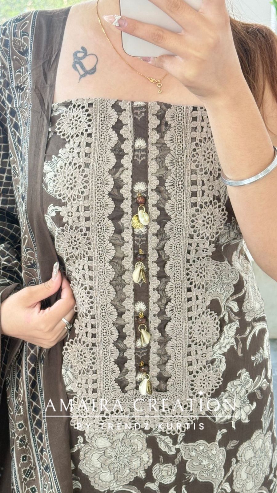 Premium Cotton Brown Colour Unstitched Suit With Lace Deatilng