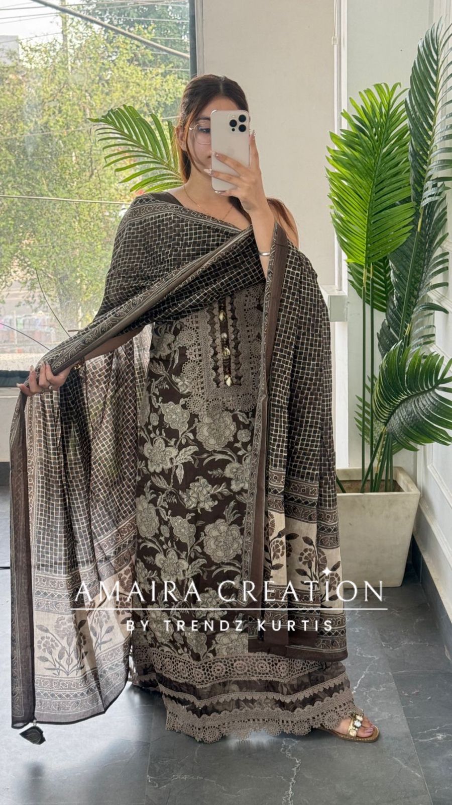 Premium Cotton Brown Colour Unstitched Suit With Lace Deatilng