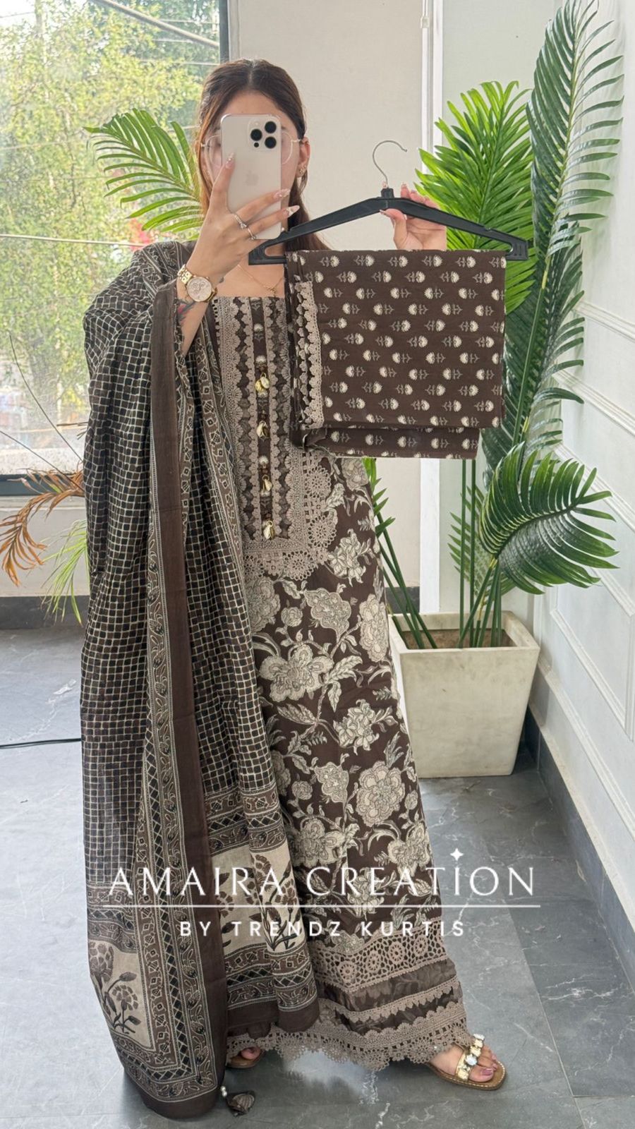 Premium Cotton Brown Colour Unstitched Suit With Lace Deatilng