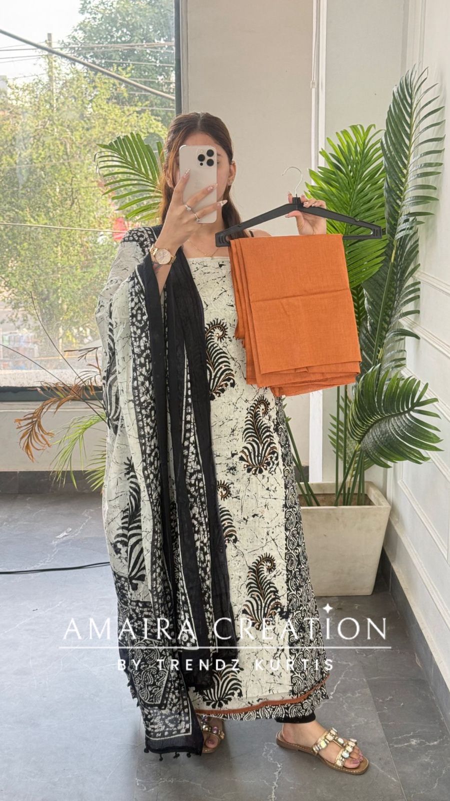 Premium Cotton Cream Black Colour Unstitched With Mustard Contrast Bottom