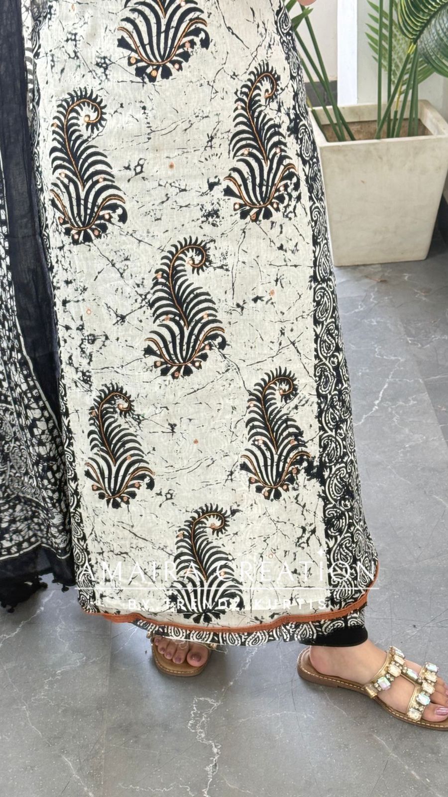 Premium Cotton Cream Black Colour Unstitched With Mustard Contrast Bottom