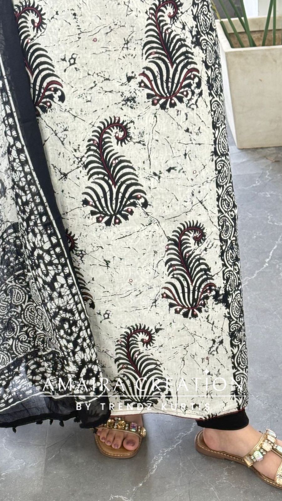 Premium Cotton Cream Black Colour Unstitched With Maroon Contrast Bottom