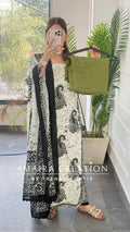Premium Cotton Cream Black Colour Unstitched With Green Contrast Bottom
