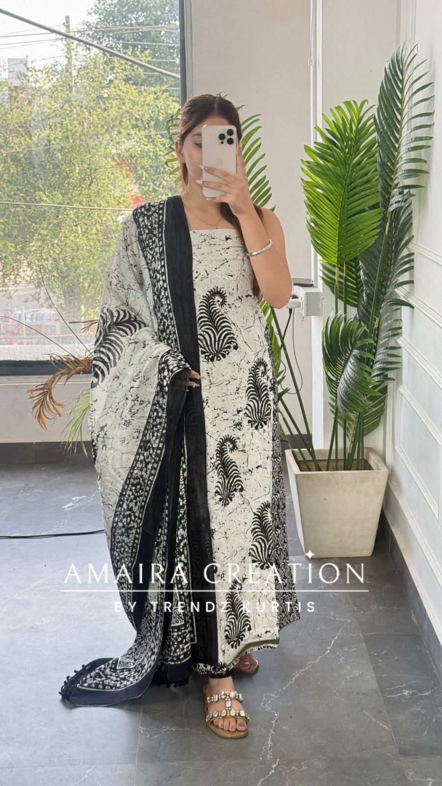 Premium Cotton Cream Black Colour Unstitched With Green Contrast Bottom