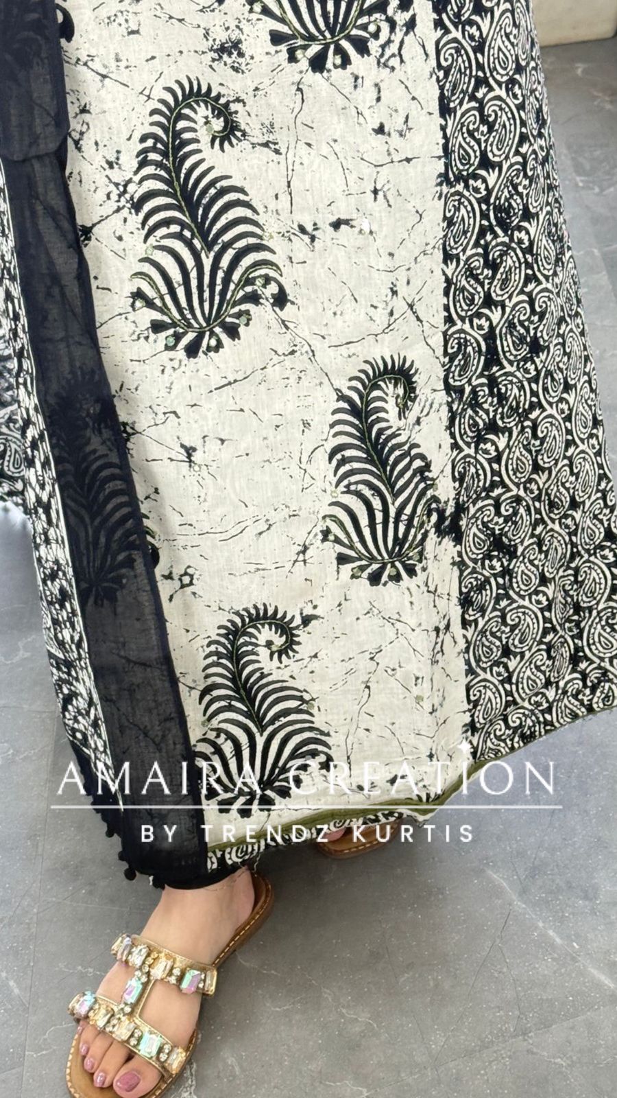 Premium Cotton Cream Black Colour Unstitched With Green Contrast Bottom
